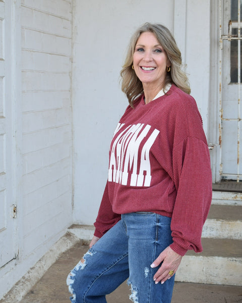 RESTOCKED OKLAHOMA RIB CORD SWEATSHIRT - BURGUNDY