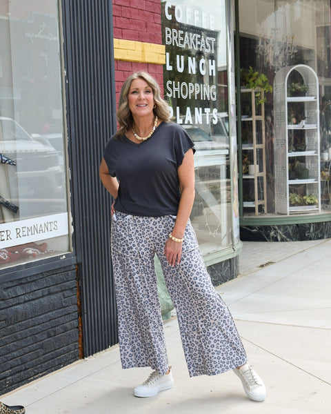 Elastic Waist Wide Leg leopard animal print Pant - Charcoal - Reg/Curvy - Salty Lime Boutique