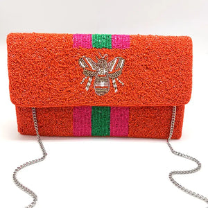 ORANGE BEADED BEE CLUTCH BAG