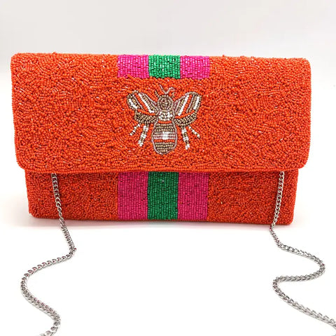 ORANGE BEADED BEE CLUTCH BAG