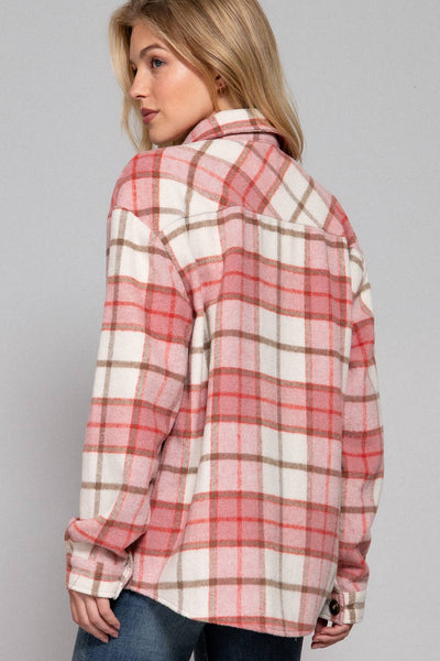 LONG SLEEVE WOOL BLEND PLAID JACKET - PINK - CURVY
