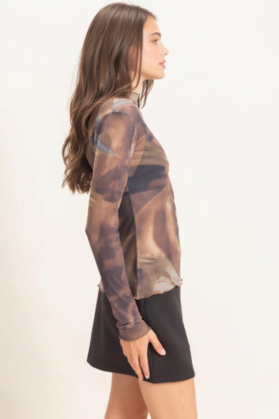 Abstract Mock Neck Mesh Top - Brown