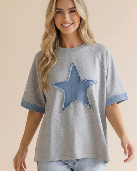 Denim Star Patchwork Washed French Terry Top HCT7559A - Salty Lime Boutique