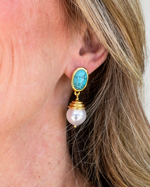 NADIA 18K GOLD TURQUOISE STONE PEARL EARRING