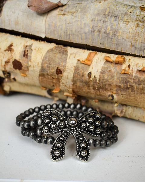 BOW & NAVAHO PEARLS STRETCHY BRACELET - SILVER