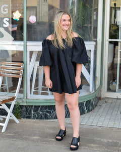 PUFF SLEEVE OFF THE SHOULDER MINI DRESS - BLACK