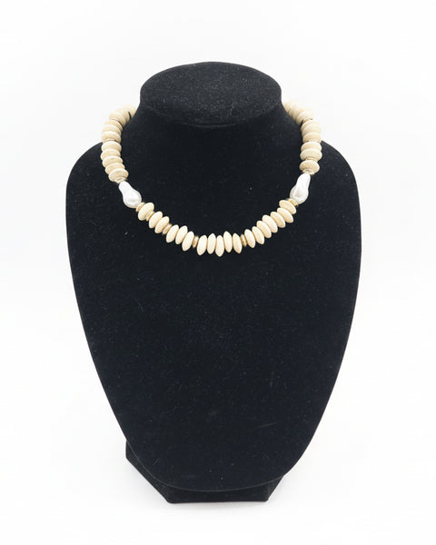 Natural Wooden Disc Bead & Pearl Necklace