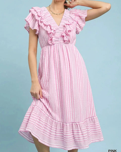 Lining Stripe V Neck Ruffle Midi Dress- Pink - Salty Lime Boutique
