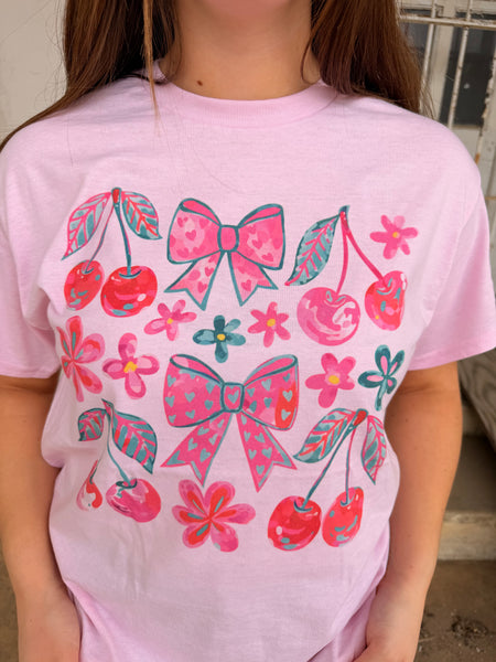 Cherries & Bows (Gildan Tee) : Light Pink / S - Salty Lime Boutique