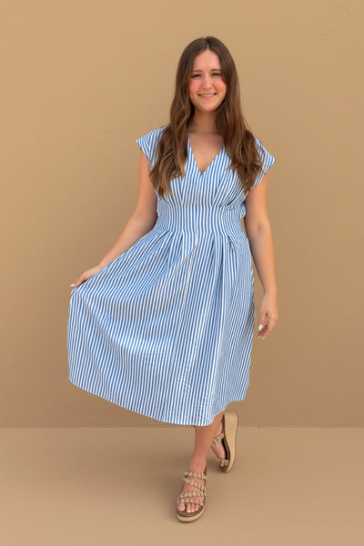 V Neck Pleated Back Smocked Waist Solid Dress - blue - Salty Lime Boutique