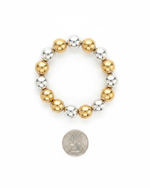 Medium Two-Tone Shiny Bead Stretchy Bracelet - Silver/Gold