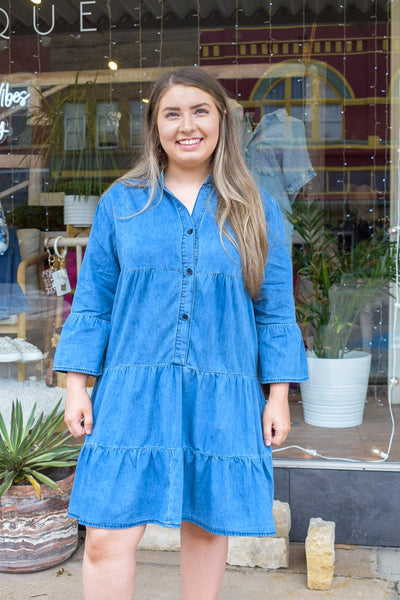 DOTTIE RUFFLED CHAMBRAY TIERED DRESS