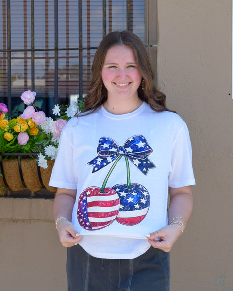 Patriotic Cherries Graphic Tee - White - Curvy - Salty Lime Boutique