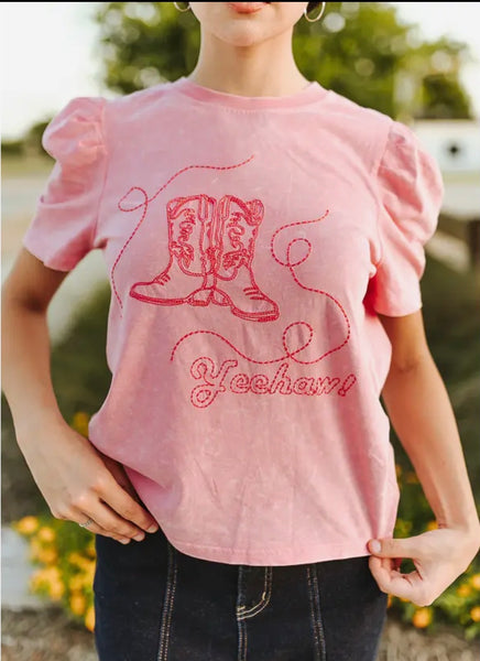 Pink mineral washed yeehaw boots embroidered half sleeve top - Pink - Salty Lime Boutique