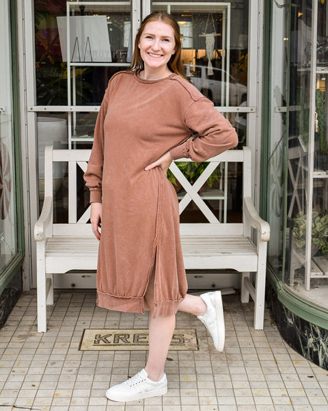 OUT FOR COFFEE SWEATSHIRT DRESS - CHESTNUT