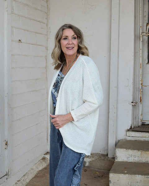 PATTY WAFFLE KNIT OPEN CARDIGAN  - CREAM