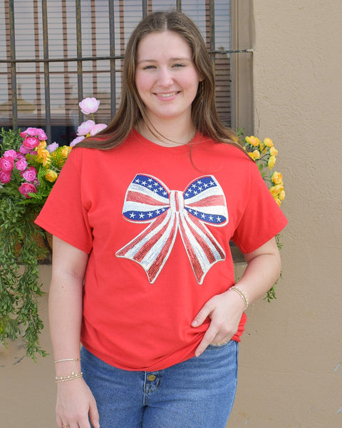 Sequin Americana Bow Graphic Tee - Red - Reg/Curvy