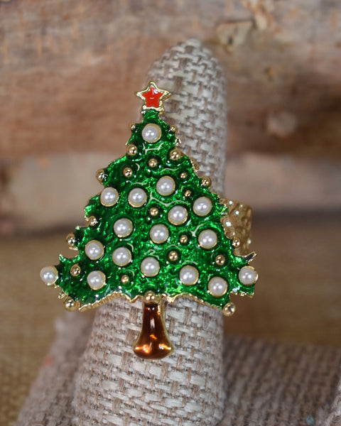CHRISTMAS TREE WITH PEARLS STRETCHY RING - GREEN