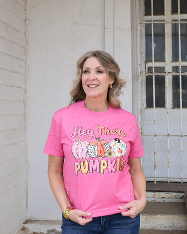 HEY THERE PUMPKIN GRAPHIC TEE- HEATHERED HOT PINK