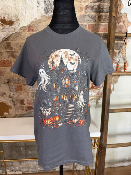 Haunted House Graphic Tee - Stone Grey - Salty Lime Boutique