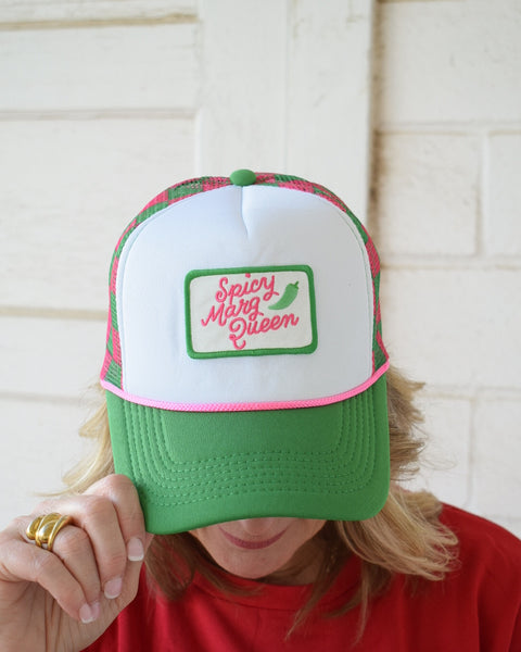 SPICY MARG QUEEN TRUCKER HAT -PINK & GREEN CHECKERED