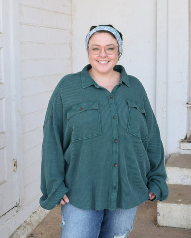 THE NEXT CHAPTER OVERSIZED MINERAL WASHED BUTTON UP SHACKET- DARK GREEN