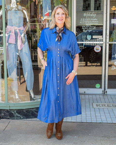 ALEXIS LONG PLEATED WAIST DRESS - INDIGO