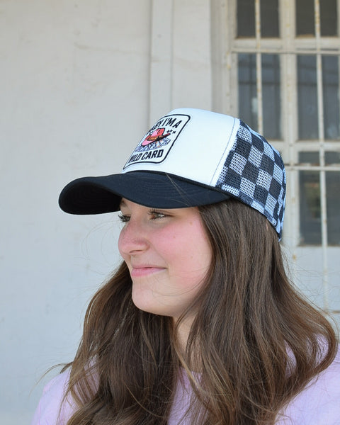 BABY I'M A WILD CARD TRUCKER HAT- BLACK/WHITE CHECKERED - Salty Lime Boutique