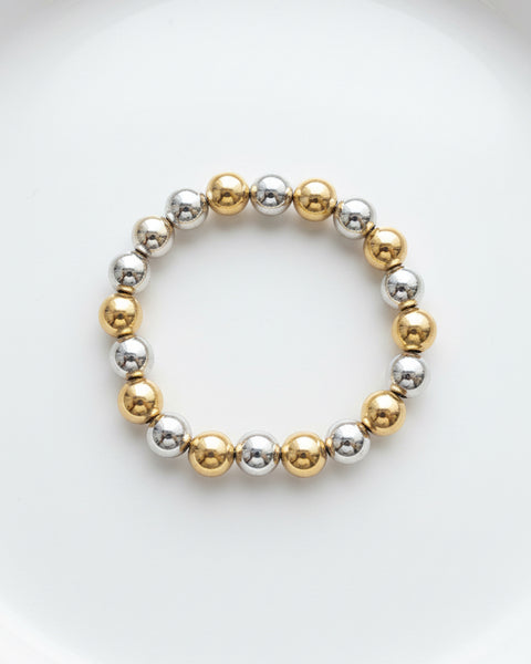 Small Two-Tone Shiny Bead Stretchy Bracelet - Silver/Gold