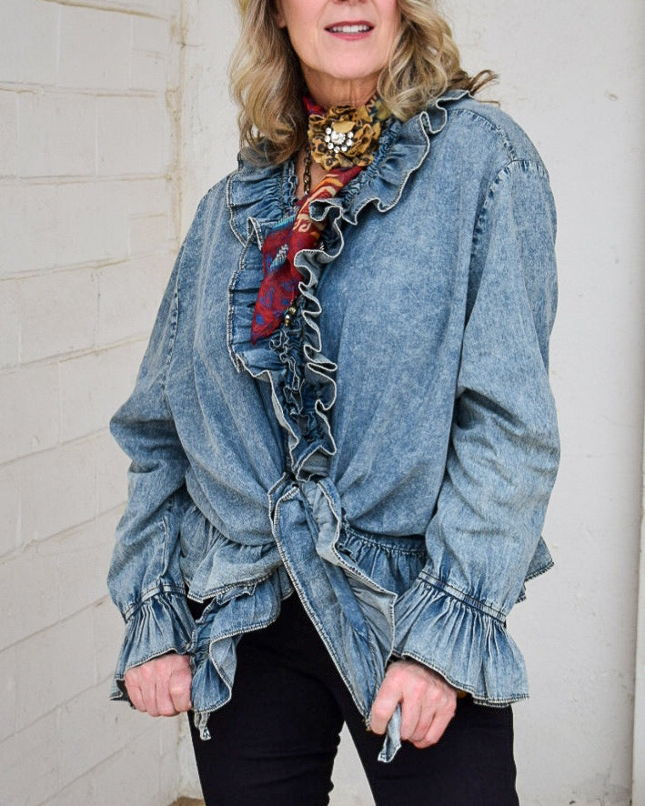 RUFFLED COTTON TOP BY A RARE BIRD - DENIM
