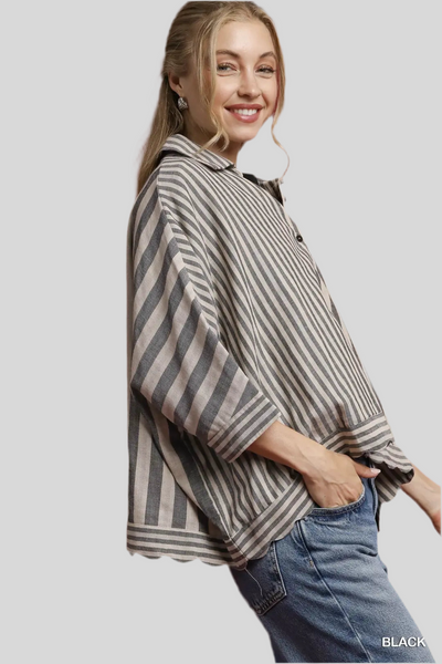 SCALLOPED BUTTON DOWN STRIPE SHIRT