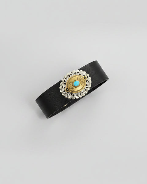 Filigree Two-Tone Turquoise Inspired Leather Cuff Bracelet - Brown