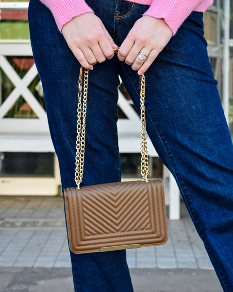 Vegan leather chevron grid crossbody shoulder flap bag - MOCHA