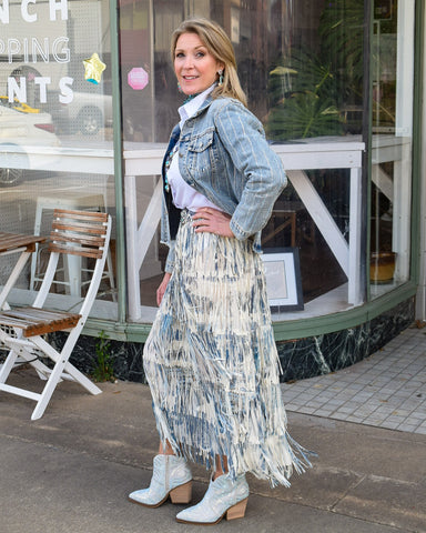 THE DOLLY FRINGE SKIRT - DENIM - REG/CURVY