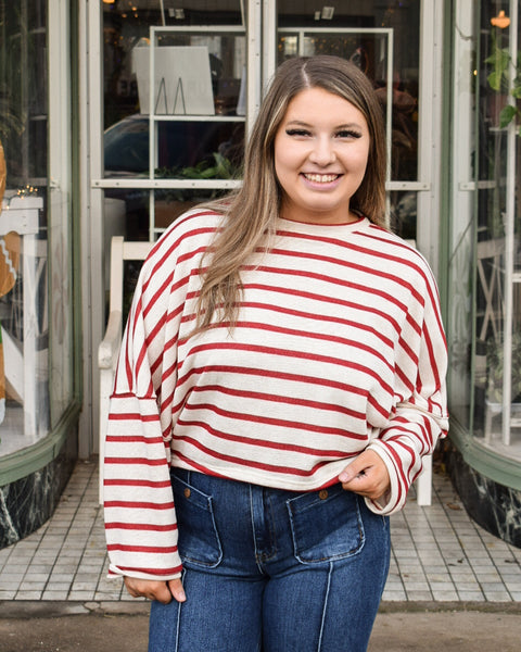 MARTHA STRIPED CREWNECK TOP - OATMEAL/RED