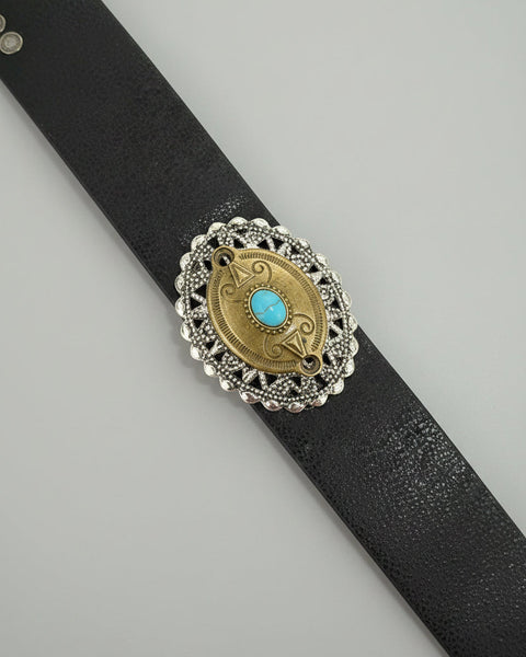 Filigree Two-Tone Turquoise Inspired Leather Cuff Bracelet - Brown