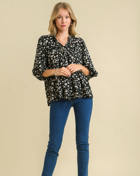 FLORAL PRINT LACE TAPE TOP BY UMGEE - BLACK