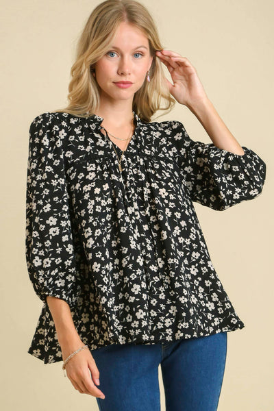 FLORAL PRINT LACE TAPE TOP BY UMGEE - BLACK