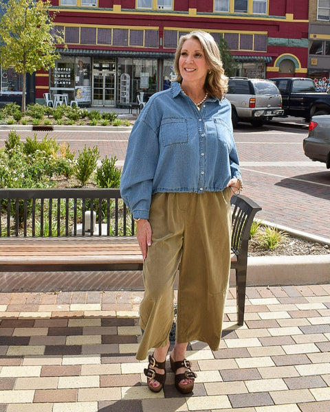 Demi - Denim Balloon Sleeve Crop Button-Up - Reg/Curvy