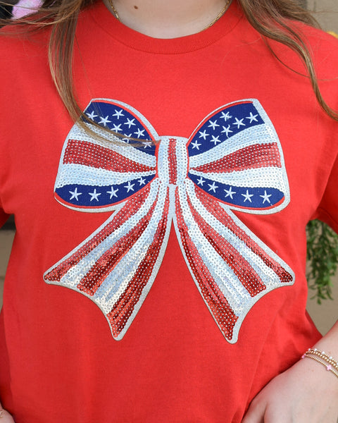 Sequin Americana Bow Graphic Tee - Red - Reg/Curvy