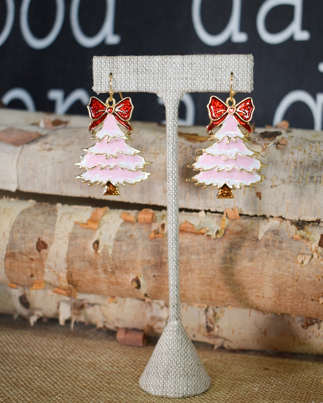 CHRISTMAS TREE WITH BOW EARRINGS - PINK
