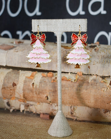 CHRISTMAS TREE WITH BOW EARRINGS - PINK