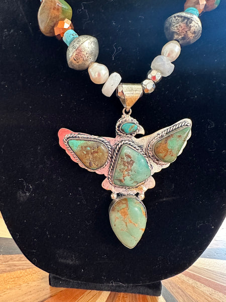 INDIAN EAGLE TURQUOISE NUGGET, PEARL, AND GLASS BEAD NECKLACE - BY A RARE BIRD