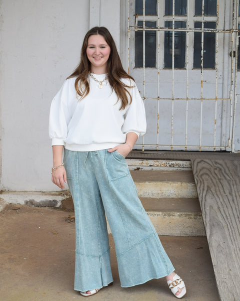 `.Acid wash French terry Pants w/ pockets: ASH BLUE-180175 / S - Salty Lime Boutique