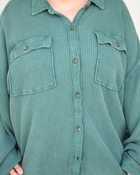 THE NEXT CHAPTER OVERSIZED MINERAL WASHED BUTTON UP SHACKET- DARK GREEN