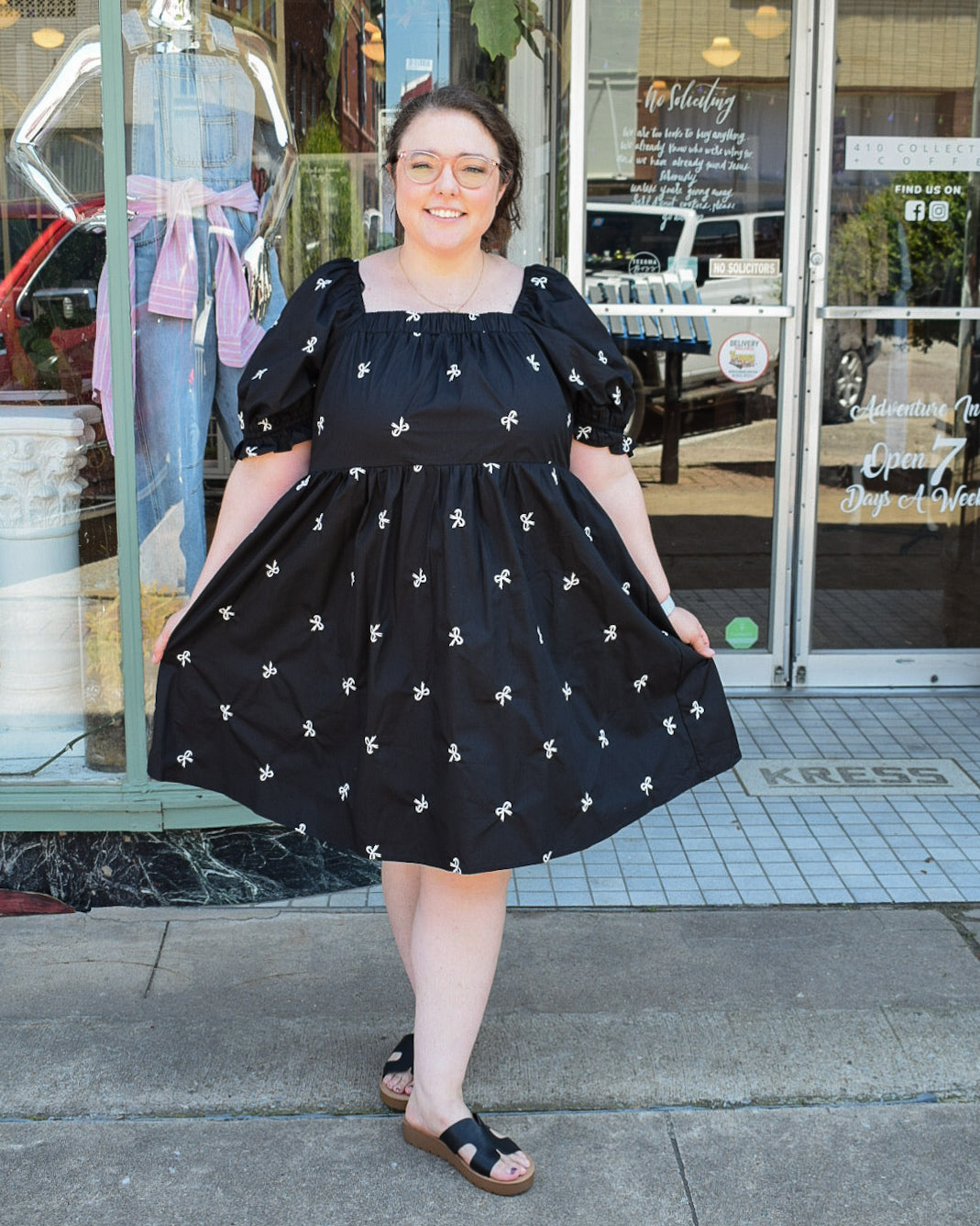 BOW EMBROIDERED DETAIL MINI DRESS, BLACK, PLUS SIZE, 