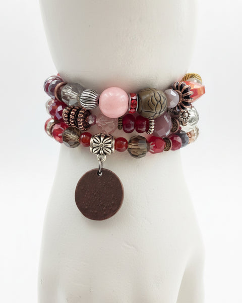 Vintage Boho Pink Glass Bead Stretchy Bracelets - Set of 3
