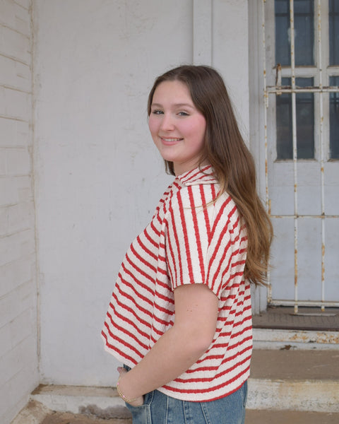 Striped Split Neck Collared Top SI-29235: RUBY - Salty Lime Boutique