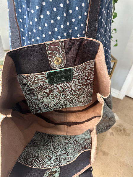 Embossed Western Leather Tote - Turquoise