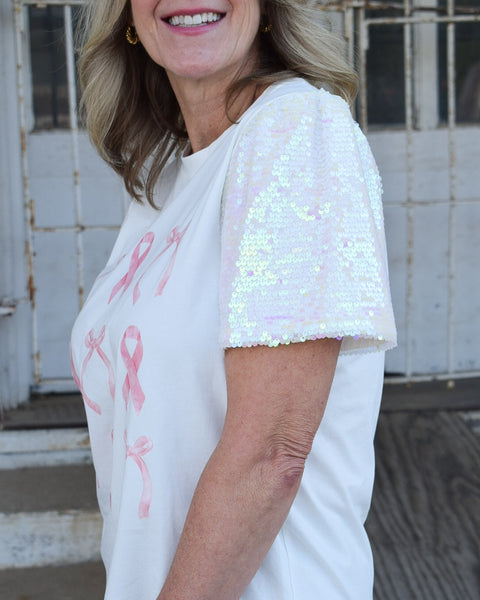 PINK RIBBON TOP- WHITE